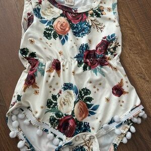 Floral Pom-Pom Baby Romper - Cream Background with Rose Print